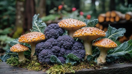 Mushrooms and purple broccoli displayed on rustic woodland table