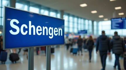 Fototapeta premium Schengen sign in an airport terminal with passengers in motion in the background.