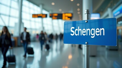 The "Schengen" sign in the airport terminal with passengers in motion in the background.