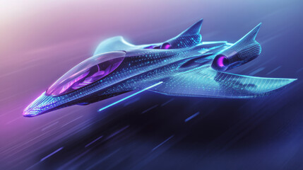 A futuristic, blue and purple airplane takes off.  It's a modern design, shown with lines and dots, representing future air travel.
