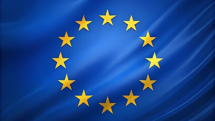 Official flag of the European Union with gold stars on a textured blue background on silk fabric