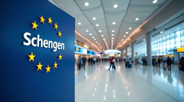Schengen zone sign with text &ldquo;Schengen&rdquo; with European Union emblem in airport terminal, with blurred figures of travelers in the background.