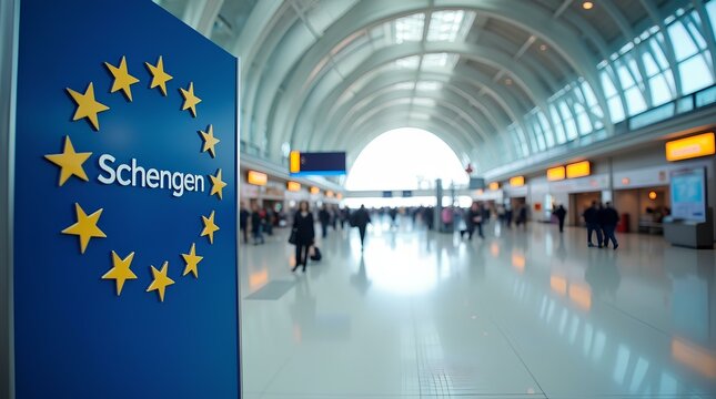Schengen zone sign with text &ldquo;Schengen&rdquo; with European Union emblem in airport terminal, with blurred figures of travelers in the background.