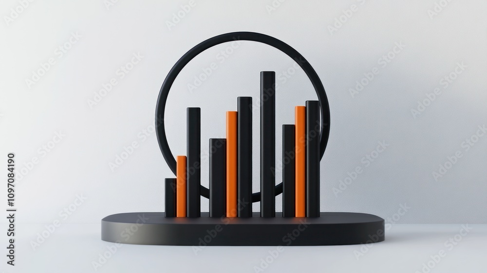 Poster a modern abstract sculpture representing data visualization with bars in black and orange.