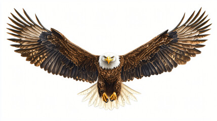 Fototapeta premium Majestic bald eagle in flight, symbolizing power and liberty against a white backdrop. Its impressive beak, talons, and detailed feathers illustrate the strength of wildlife in the air