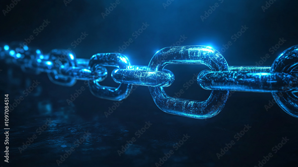 Poster blue glowing chain links symbolize secure connections and data integrity in blockchain technology, e