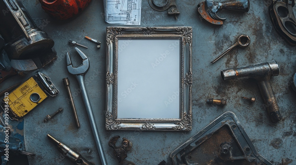 Poster a vintage frame surrounded by various tools on a rustic surface.