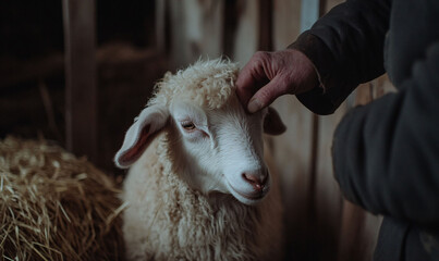 Close-up of a lamb being gently pet by a farmer