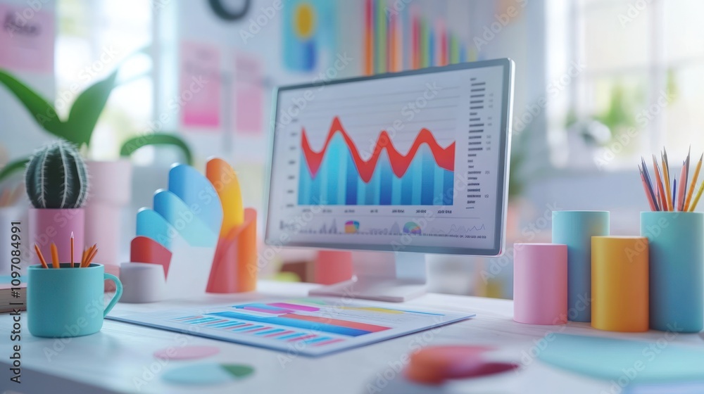 Poster A colorful workspace featuring graphs and charts, ideal for data analysis and presentations.