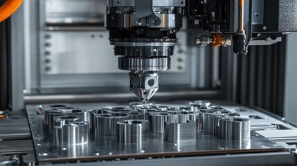 Close-up of a robotic arm with a drill bit descending towards a surface with metal parts arranged in rows.