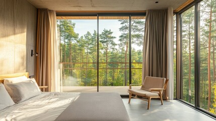 Fototapeta premium Modern Bedroom with Large Windows Overlooking a Forest