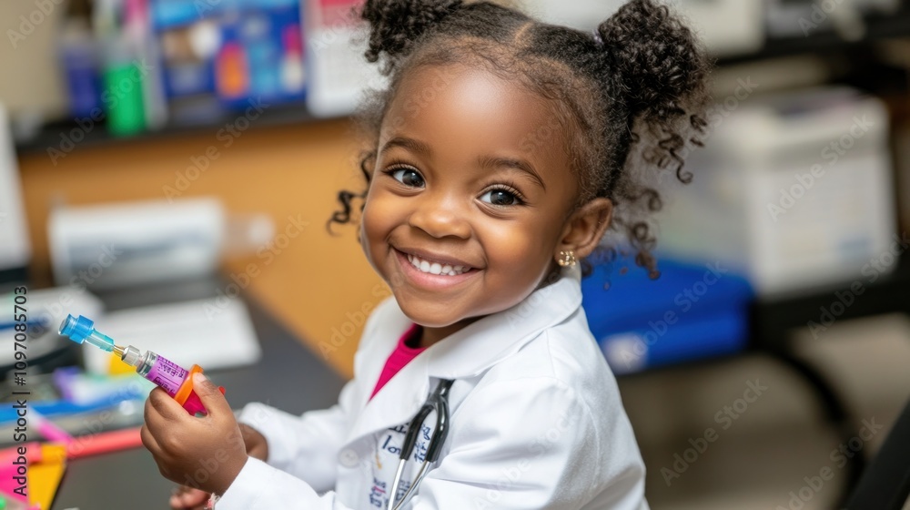 Poster a smiling young girl in a lab coat holds colorful test tubes in a playful science setting.