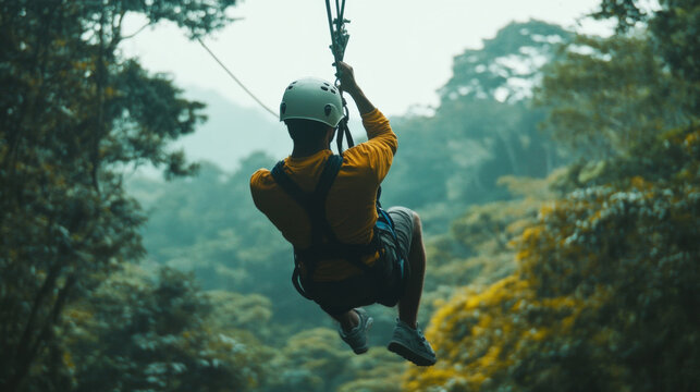 Young man ziplining through rainforest canopy 