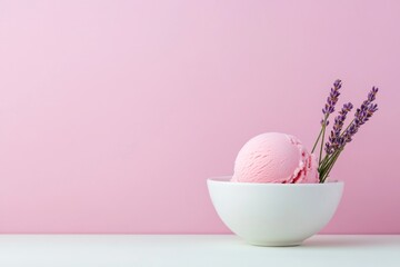 A minimalist dessert scene with a single scoop of lavender ice cream in a porcelain bowl, garnished with a lavender sprig, against a pastel background. 
