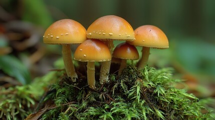 Fototapeta premium Vibrant orange mushrooms on mossy forest floor: nature's hidden gems