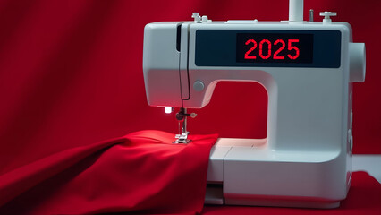The numbers 2025 are on the display of the sewing machine, there is a red cloth under the foot, on a red background. A picture for congratulating the sewing business on the new year.