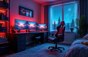 Night gamer room setup features two large monitors LED lights comfy gaming chair. Person plays video games. Snowy winter landscape view from window. Cozy bedroom atmosphere.