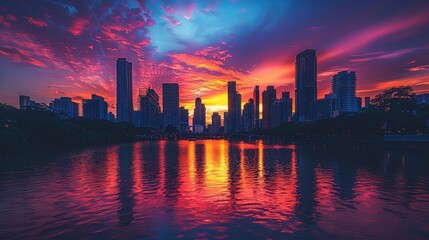 Fototapeta premium Vibrant sunset cityscape reflected in calm water.