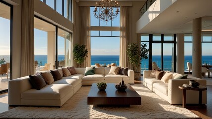 Luxurious beachfront living room with ocean view, sectional sofa, and large windows.