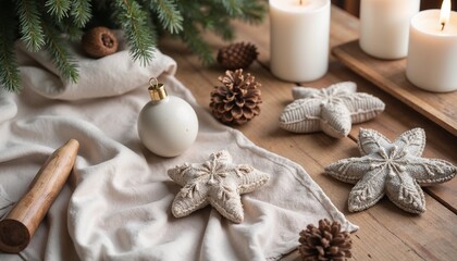 Nordic Christmas ornaments and candles arranged on a rustic wooden table