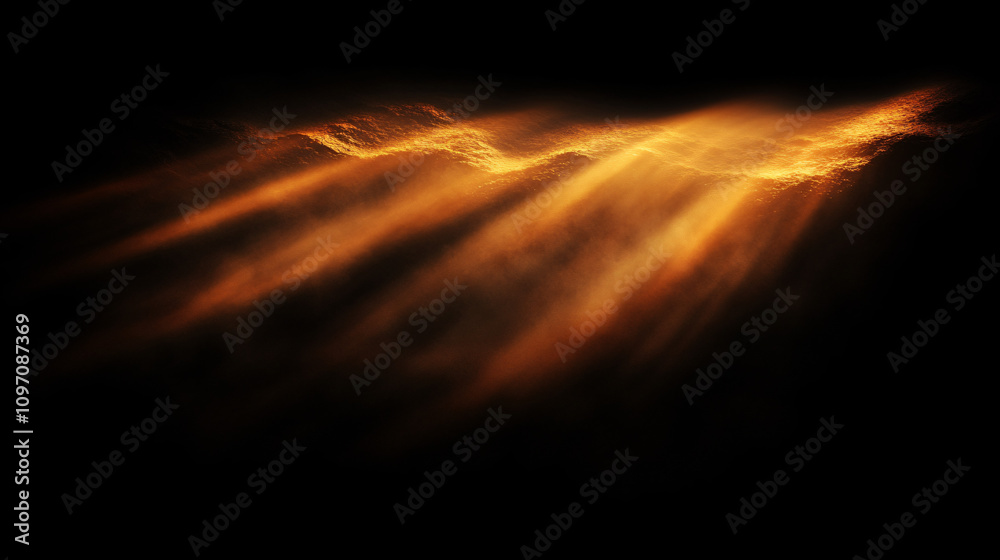 Poster golden light rays shining through dark clouds on black background, creating a dramatic and mysteriou