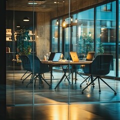 Modern office with laptops and chairs.