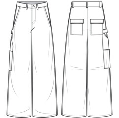 mens wide leg baggy carpenter jeans flat sketch vector illustration front and back view technical cad drawing template