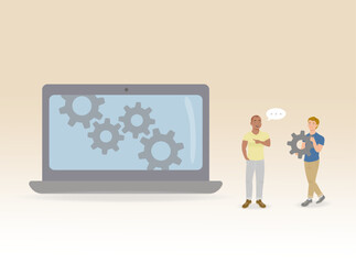 teamwork, communication help within the corporation, process flow and strategy using technology, employee showing the way to put the gears in the computer