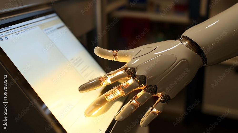 Poster robotic hand interacting with a touchscreen interface.