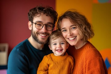 Fototapeta premium A family, a mother and a father with a small child, all three white, laughing and hugging against the background of a children's room. 