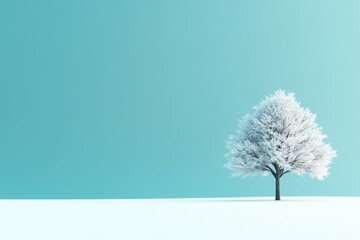 A minimalist landscape with a solitary tree standing in the middle of a snow-covered field under a pale blue sky.