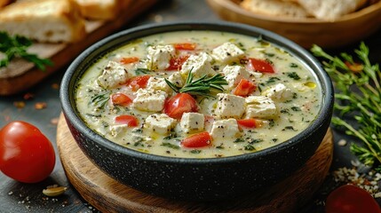Creamy feta and tomato soup with fresh herbs in a rustic black bowl