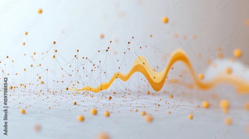 Poster Abstract visualization of data trends with yellow lines and spheres on a light background.
