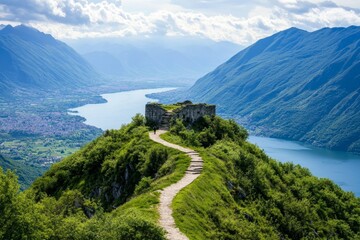 Obraz premium A little-known mountaintop fortress with panoramic views of the surrounding valleys, accessible only by a narrow, winding trail. 