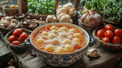 Rustic tomato gnocchi with fresh herbs and vegetables in a cozy kitchen setting