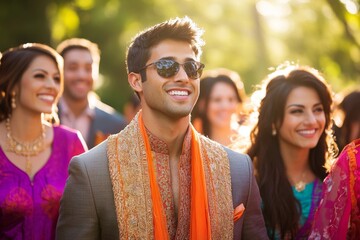 A colorful outdoor wedding ceremony blending traditions from different cultures, with guests of all ages wearing vibrant attire and celebrating with music and dance.