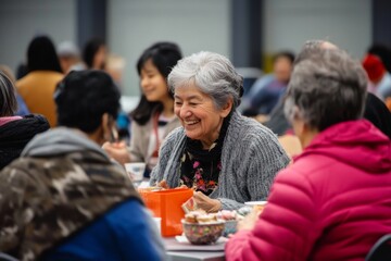 A bustling community center where people of all ages and ethnicities participate in a cultural exchange event, with crafts, music, and laughter filling the air. 