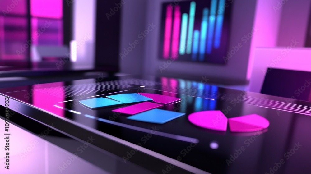 Aufkleber Digital workspace with colorful charts and graphs on a sleek surface.
