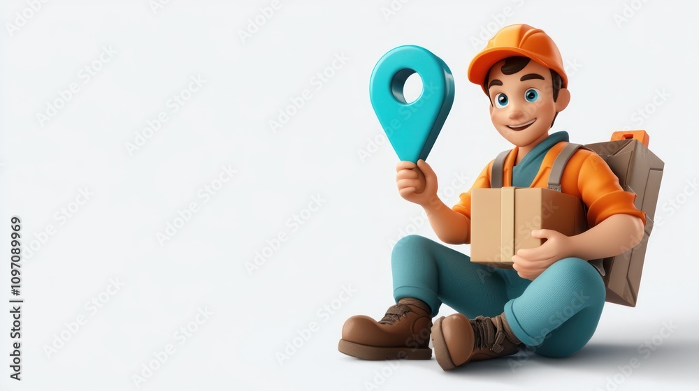 Poster A cheerful delivery worker holding a location pin and a package, symbolizing logistics.