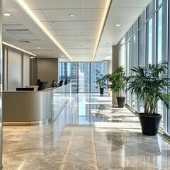 Modern office lobby with marble floor and city view.