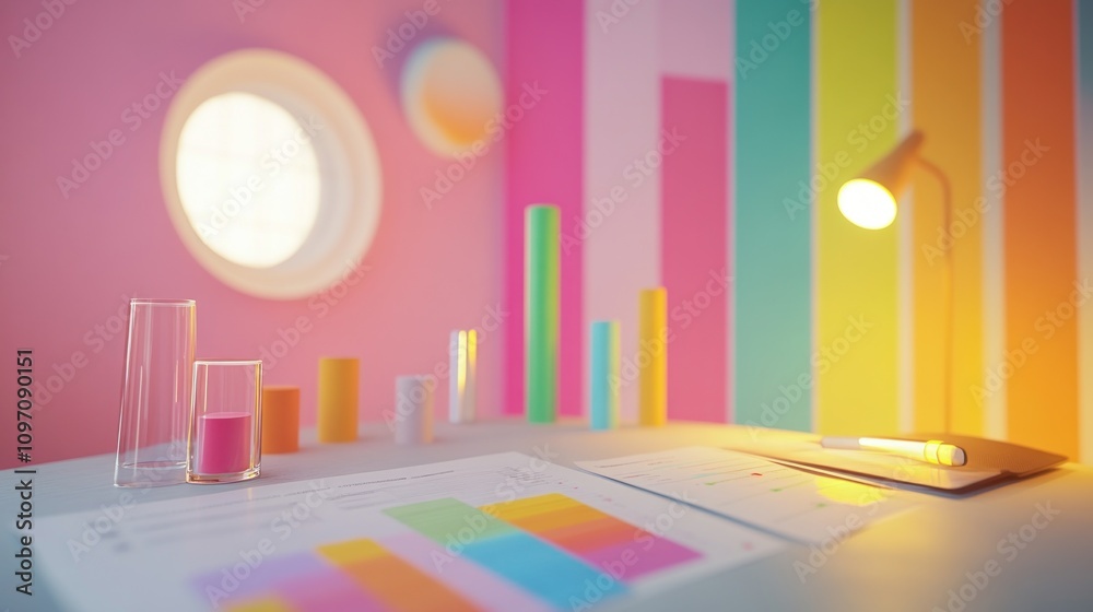 Poster A vibrant workspace with colorful charts and graphs for data analysis.