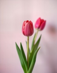 Fototapeta premium Pink tulips close up. Two beautiful flowers. Spring blossoms. Floral background. Romantic greeting card. Nature botany. Plants bloom. Delicate petals. Fresh spring flowers. Soft focus image.