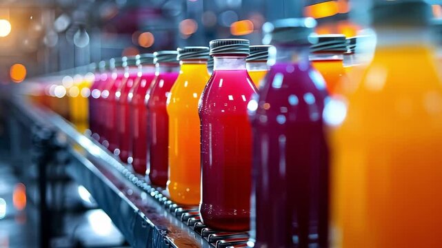 A row of colorful juice bottles on a conveyor belt in a production facility.
