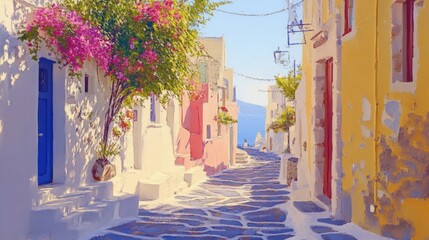 Obraz premium A Colorful Narrow Street in a Mediterranean Village with Bougainvillea Flowers