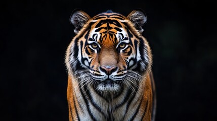 Obraz premium A majestic tiger stands out against a somber black backdrop, its piercing gaze capturing the viewer's attention. The tiger's vibrant coat, striped with bold black and orange