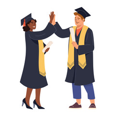 Two graduate friends give each other high five. Young man and woman celebrating success. Happy graduates in gowns and caps holding their diplomas smiling celebrating new chapter. Vector illustration