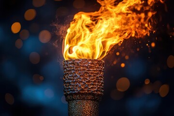 olympic torch flame against a dark background, symbolizing hope and passion, with flickering flames and an aura of warmth, inspiring a sense of achievement and celebration of sports