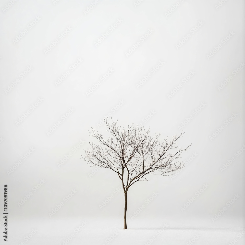 Poster Lonely tree stands against a bright white background in a tranquil and minimalistic setting