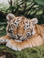 Obraz premium Playful tiger relaxing in lush greenery nature wildlife close-up