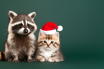 A raccoon and a cat sitting together with small Santa hats, on solid dark green background